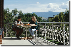 eating on porch, mountains